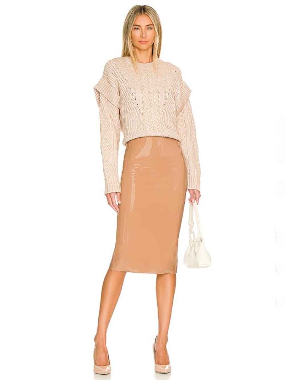 COMMANDO Tan Brown Faux Patent Leather Shiny Vinyl Pencil Skirt, Size XS